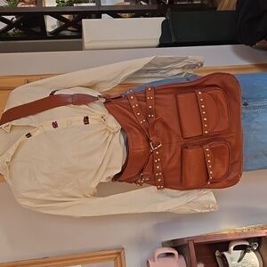 Leather Bucket Hobo Crossbody Chocolat Blu Brand Pebble Leather Gold Stud Detail